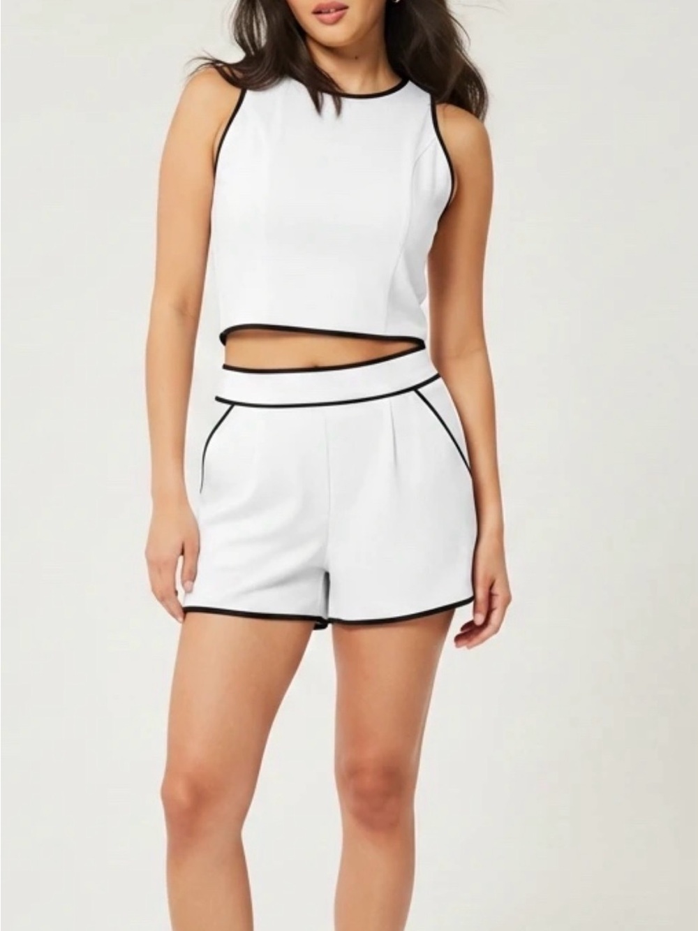Black and White Piped Matching Two Piece Set Shorts & Tank Top